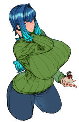 Rule 34 | 1girl, blue eyes, blue hair, blush, breasts, closed mouth, commentary request, cropped legs, denim, gift, highres, huge breasts, impossible clothes, impossible sweater, jeans, long hair, looking at viewer, original, pants, ribbed sweater, solo, spacezin, sweater, thighs, tsurime, zoe (spacezin)