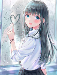 Rule 34 | 1girl, black skirt, blue bow, blue bowtie, blue eyes, blurry, blurry background, blush, bow, bowtie, bracelet, collared shirt, commentary request, condensation, grey hair, highres, index finger raised, indoors, jewelry, long hair, long sleeves, looking at viewer, looking back, open mouth, original, pleated skirt, rain, sakura (39ra), school uniform, shirt, skirt, smile, solo, standing, white shirt, window, window fog