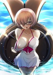 Rule 34 | 1girl, bare shoulders, breasts, clothes pull, collarbone, fate/grand order, fate (series), glasses, hair over one eye, highres, kurosawa shouichi, light purple hair, mash kyrielight, mash kyrielight (swimsuit of perpetual summer), nipples, official alternate costume, one-piece swimsuit pull, open mouth, purple eyes, shield, solo, water