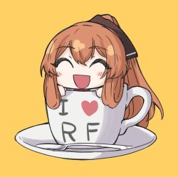 Rule 34 | 1girl, :d, ^ ^, blush stickers, brown hair, chibi, closed eyes, cup, girls&#039; frontline, hair rings, heart, i heart..., in container, in cup, long hair, mini person, minigirl, nakiusagi, open mouth, saucer, simple background, smile, solo, spoon, springfield (girls&#039; frontline), teacup, yellow background