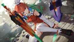 Rule 34 | 1girl, breasts, chef hat, choker, commentary request, detached sleeves, gradient hair, green hair, hat, highres, holding, holding sword, holding weapon, hololive, hololive english, long hair, looking at viewer, medium breasts, multicolored hair, orange hair, pink eyes, scottie (phantom2), sitting, solo, sword, takanashi kiara, thighhighs, thighs, virtual youtuber, weapon, white hat, white thighhighs