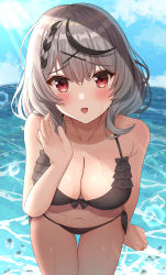 Rule 34 | 1girl, :d, absurdres, arm at side, bare arms, bare shoulders, beach, bikini, black bikini, black hair, blush, braid, breasts, cleavage, cowboy shot, day, fang, frilled bikini, frills, front-tie bikini top, front-tie top, grey hair, hair ornament, halterneck, hand up, highres, hisui (user zvkr2432), hololive, large breasts, looking at viewer, multicolored hair, open mouth, outdoors, parted lips, red eyes, sakamata chloe, short hair, side-tie bikini bottom, smile, solo, streaked hair, sunlight, swimsuit, thigh gap, thighs, virtual youtuber, water, wet, x hair ornament