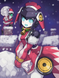 Rule 34 | 1boy, 1girl, bag, clothed robot, dia (world flipper), edobox, hat, holding, holding bag, humanoid robot, looking at another, looking to the side, metal skin, open mouth, regis (world flipper), robot, santa costume, santa hat, world flipper
