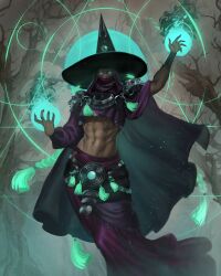 Rule 34 | 1girl, abs, absurdres, armor, breasts, caio santos, colored skin, dark skin, glowing, glowing eyes, hades (series), hades 2, hat, hecate (hades), highres, hood, magic, mask, mouth mask, muscular, muscular female, navel, shoulder armor, tagme, toned female, underboob, witch hat
