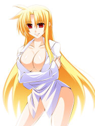Rule 34 | 1girl, blonde hair, blush, breasts, cleavage, closed mouth, engo (aquawatery), fate testarossa, highres, large breasts, long hair, looking at viewer, lyrical nanoha, mahou shoujo lyrical nanoha strikers, naked shirt, no bra, no panties, red eyes, shirt, simple background, smile, solo, white background, white shirt