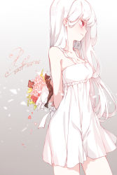 Rule 34 | 1girl, albino, arms behind back, artist name, bare shoulders, blush, bouquet, closed mouth, collarbone, cowboy shot, dated, de da xianyu, dress, flower, from side, gradient background, holding, holding bouquet, long hair, original, red eyes, signature, solo, sundress, tears, white dress, white hair