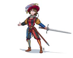 Rule 34 | 1girl, blue eyes, brown hair, full body, grin, hat, hat feather, highres, history, holding, holding sword, holding weapon, landsknecht, long sleeves, medium hair, open mouth, original, ostwindprojekt, red hat, scabbard, shadow, sheath, simple background, smile, solo, standing, sword, teeth, weapon, white background, zweihander