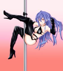 Rule 34 | 1girl, alternate costume, armpits, ass, bare shoulders, between legs, black footwear, black gloves, blue hair, blush, boots, breasts, cleavage, franz haru, full body, gloves, hair between eyes, high heel boots, high heels, highres, holding, holding pole, iris heart, kami jigen game neptune v, large breasts, leaning back, leather, leather boots, leather gloves, long hair, neptune (series), pink eyes, pole, pole dancing, power symbol, power symbol-shaped pupils, revealing clothes, smile, solo, symbol-shaped pupils, thigh boots, thighhighs, very long hair