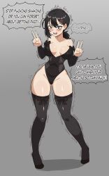 Rule 34 | 1girl, absurdres, black hair, black leotard, black ribbon, black thighhighs, blush, breasts, breasts apart, chainsaw man, cleavage, commentary, commission, double v, english commentary, english text, full body, gluteal fold, grey background, hair ornament, hairclip, higashiyama kobeni, highres, leotard, looking at viewer, medium breasts, mg991998, mole, mole under eye, mole under mouth, multiple moles, open mouth, ribbon, shaking, short hair, short ponytail, simple background, single sidelock, solo, speech bubble, sweat, swept bangs, thick thighs, thighhighs, thighs, trembling, v