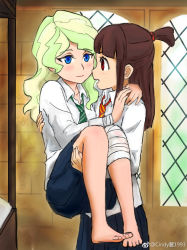 Rule 34 | 2girls, barefoot, blonde hair, blue eyes, blunt bangs, brown hair, carrying, commentary request, diana cavendish, hair ribbon, harry potter (series), hogwarts school uniform, kagari atsuko, little witch academia, multiple girls, princess carry, red eyes, ribbon, school uniform, wizarding world, yuri