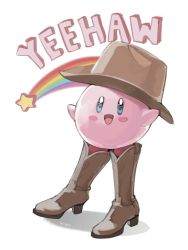Rule 34 | arms up, artist name, blue eyes, blush stickers, boots, brown footwear, brown hat, cowboy, cowboy hat, cowboy western, english text, full body, happy, hat, high heels, highres, kirby, kirby (series), knee boots, looking at viewer, milka (milk4ppl), nintendo, no humans, open mouth, oversized clothes, rainbow, signature, simple background, smile, solo, standing, star (symbol), talking, western, white background
