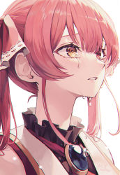 Rule 34 | 1girl, artist name, commentary, dated, hair ribbon, heterochromia, highres, hololive, houshou marine, myung yi, portrait, red eyes, red hair, red ribbon, ribbon, short hair, simple background, solo, tears, upper body, virtual youtuber, white background, yellow eyes