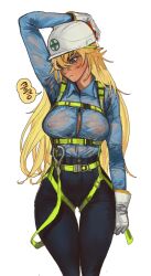 Rule 34 | 1girl, absurdres, arm above head, blonde hair, blue eyes, breasts, gloves, hair between eyes, hard hat, harness, helmet, highres, large breasts, long hair, mossacannibalis, nipples, original, see-through, solo, very long hair, wet, wet clothes, white background, white gloves