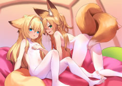 Rule 34 | 2girls, all fours, animal ear fluff, animal ears, ass, bed, blonde hair, blue eyes, bodystocking, bodysuit, breasts, covered navel, covering privates, covering breasts, face-to-face, feet, fox ears, fox girl, fox tail, green eyes, hair intakes, kokonoe hisagi, kokonoe tsubaki, leaning back, legs, long hair, multiple girls, multiple tails, no panties, no shoes, open mouth, original, pillow, siblings, sisters, sitting, small breasts, soles, tail, tail censor, thighs, toes, two tails, white bodysuit, yoshizawa tsubaki
