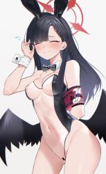 Rule 34 | 1girl, absurdres, alternate costume, animal ears, arm behind back, arm up, armband, asymmetrical bangs, bar censor, bare arms, bare shoulders, black bow, black bowtie, black hair, black wings, blue archive, blunt bangs, blush, bow, bowtie, breasts, censored, cleavage, closed eyes, closed mouth, collar, commission, contrapposto, covered erect nipples, covered navel, cowboy shot, detached collar, fake animal ears, flying sweatdrops, halo, hand up, heart, highleg, highleg leotard, highres, ichika (blue archive), kazane-wind, leotard, long hair, low wings, medium breasts, meme attire, navel, nipples, playboy bunny, rabbit ears, rabbit tail, see-through, see-through leotard, simple background, skeb commission, smile, solo, straight hair, strapless, strapless leotard, swept bangs, tail, thighs, translucent bunnysuit, white background, white collar, white wrist cuffs, wings, wrist cuffs