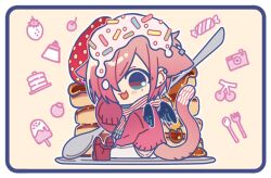 Rule 34 | 1boy, :3, animal ears, blush, camera, cardigan, cat ears, cat tail, chibi, food, fruit, hand up, holding, holding spoon, ice cream, jibaku shounen hanako-kun, looking at viewer, mitsuba sousuke, open mouth, pancake, pink cardigan, plate, pudding, sapphire (nine), scarf, sitting, smile, solo, spoon, sprinkles, strawberry, striped clothes, striped scarf, tail, tomato, wings