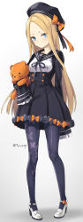 Rule 34 | 1girl, abigail williams (fate), animal print, black bow, black dress, black hat, black pantyhose, blonde hair, blue eyes, blush, bow, butterfly print, dress, fate/grand order, fate (series), forehead, full body, hat, high heels, highres, holding, holding stuffed toy, long hair, long sleeves, looking at viewer, orange bow, pantyhose, parted bangs, polka dot, polka dot bow, print pantyhose, sailor collar, sailor dress, sailor hat, simple background, sleeves past wrists, solo, stuffed animal, stuffed toy, teddy bear, tyone, white background