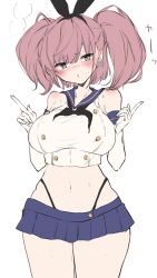 Rule 34 | 1girl, :o, atlanta (kancolle), black neckerchief, black panties, blue sailor collar, blue skirt, blush, breasts, chigasaki yukari, commentary request, cosplay, crop top, earrings, elbow gloves, gloves, grey eyes, hairband, highleg, highleg panties, highres, jewelry, kantai collection, large breasts, microskirt, miniskirt, neckerchief, panties, parted lips, pink hair, sailor collar, shimakaze (kancolle), shimakaze (kancolle) (cosplay), simple background, single earring, skirt, solo, star (symbol), star earrings, sweat, two side up, underwear, white background, white gloves