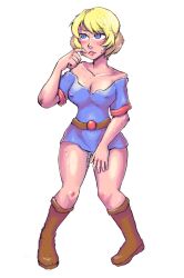 Rule 34 | 1girl, belt, blonde hair, blue dress, blue eyes, boots, brown footwear, bruise, covered erect nipples, cum, cum on body, cumdrip, dress, female focus, finger to mouth, full body, hand on own thigh, injury, knee boots, lewdest labyrinth, looking to the side, mminit, off shoulder, official alternate costume, pigeon-toed, red trim, risvell, scraped knee, short hair, solo, standing, sunny (mminit), sweatdrop, transparent background