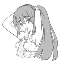 Rule 34 | 1girl, armpits, arms behind head, arms up, artist request, bare shoulders, breasts, cleavage, dress, hair between eyes, long hair, medium breasts, monochrome, mouth hold, noihara himari, omamori himari, sketch, solo, upper body