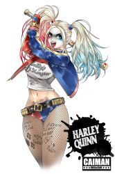 Rule 34 | 1girl, batman (series), blonde hair, blue eyes, breasts, choker, colored tips, dc comics, female focus, fishnet pantyhose, fishnets, full body, harley quinn, highres, jacket, lipstick, makeup, multicolored hair, pantyhose, pubic tattoo, solo, suicide squad, tattoo, twintails, weapon