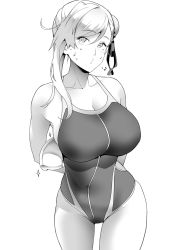 Rule 34 | 1girl, armpit peek, arms behind back, asymmetrical hair, bare shoulders, blush, breasts, bun cover, cleavage, collarbone, commentary request, competition swimsuit, covered navel, fate/grand order, fate (series), greyscale, hair between eyes, hair bun, hair ribbon, large breasts, long hair, looking at viewer, miyamoto musashi (fate), miyamoto musashi (fate/grand order), miyamoto musashi (swimsuit berserker) (fate), miyamoto musashi (swimsuit berserker) (first ascension) (fate), monochrome, musical note, one-piece swimsuit, pursed lips, ribbon, side bun, sideboob, sidelocks, simple background, single side bun, soba (saz), solo, sweat, swept bangs, swimsuit, thighs, whistling