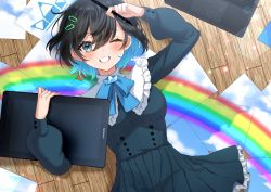 Rule 34 | 1girl, arm up, black hair, blue bow, blue eyes, blue neckwear, bow, breasts, commentary request, copyright name, drawing tablet, dress, fingernails, grin, hair between eyes, hair ornament, hairclip, highres, holding, holding stylus, holding tablet pc, huion, kura noi, looking at viewer, lying, medium breasts, medium hair, on back, one eye closed, rainbow, smile, solo, stylus, tablet pc, tagme, teeth, wooden floor