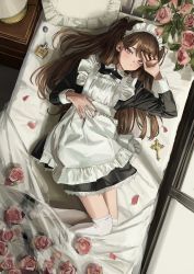 Rule 34 | 1girl, absurdres, apron, bed, bed sheet, black dress, blanket, blue eyes, blush, bottle, brown hair, closed mouth, collared dress, dress, earrings, flower, frilled dress, frills, from above, gishiki (gshk), hand up, highres, indoors, jewelry, lamp, long hair, long sleeves, looking at viewer, lying, maid, maid apron, maid headdress, nail polish, on back, original, perfume bottle, pillow, pink flower, pink rose, rose, side ponytail, solo, table, thighhighs, twintails, white apron, white thighhighs