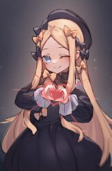 Rule 34 | 1girl, abigail williams (fate), black bow, black dress, black hat, blonde hair, blue eyes, blush, bow, breasts, dress, fate/grand order, fate (series), forehead, hair bow, hat, heart, heart hands, highres, long hair, long sleeves, looking at viewer, miya (miyaruta), multiple hair bows, one eye closed, orange bow, parted bangs, ribbed dress, small breasts, smile, solo
