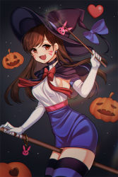Rule 34 | 1girl, alternate costume, black hat, black neckwear, blue bow, blue skirt, bow, breasts, broom, broom riding, brown eyes, brown hair, capelet, charm (object), choker, cowboy shot, d.va (overwatch), earrings, elbow gloves, eyebrows, facepaint, facial mark, fang, gloves, halloween, halloween costume, hand up, hat, hat bow, heart, holding, holding wand, jack-o&#039;-lantern, jewelry, jiji (wldms9313), long hair, looking at viewer, matching hair/eyes, medium breasts, overwatch, overwatch 1, pencil skirt, pumpkin, red ribbon, ribbon, sideboob, skirt, smile, solo, striped clothes, striped thighhighs, thighhighs, wand, whisker markings, white gloves, witch, witch hat