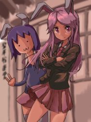 Rule 34 | . ., 2girls, :3, animal ears, black jacket, blurry, blurry background, closed mouth, commentary request, cookie (touhou), cowboy shot, crossed arms, fake hisui (cookie), highres, hisui (cookie), jacket, long hair, looking at viewer, multiple girls, necktie, nob1109, pink skirt, purple eyes, purple hair, purple shirt, rabbit ears, red neckwear, reisen udongein inaba, shirt, short hair, skirt, smile, thighhighs, touhou, v, white legwear, white shirt