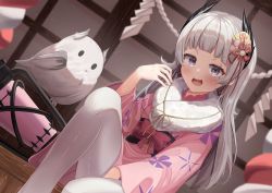 Rule 34 | 1girl, alternate costume, arknights, bad id, bad pixiv id, bird, blunt bangs, blush, bow, bsm (tcsv2827), flower, fur collar, grey hair, hair flower, hair ornament, head wings, irene (arknights), japanese clothes, kimono, knee up, lantern, light particles, long hair, long sleeves, looking at viewer, open mouth, pantyhose, pink kimono, pomp (qhtjd0120), purple eyes, red bow, red flower, ribbon, sitting, solo, v-shaped eyebrows, very long hair, white pantyhose, wings, yellow ribbon, yukata