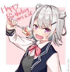 Rule 34 | 1girl, absurdres, ascot, blazer, blue jacket, bow, bowtie, cake, cevio, commentary, dated, double bun, food, fork, fruit, grey hair, grey sweater, hair bun, hair ornament, hairclip, hand up, happy birthday, highres, holding, holding fork, jacket, koharu rikka, looking at viewer, open mouth, otoha neu, pink background, pink bow, pink bowtie, purple eyes, school uniform, short hair, smile, solo, strawberry, sweater, synthesizer v, twitter username, upper body