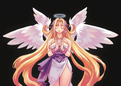Rule 34 | 1girl, angel, bare shoulders, black background, blonde hair, bracelet, breasts, cherie espoir, closed eyes, cowboy shot, curly hair, dress, earrings, floating hair, halo, jewelry, large breasts, long hair, marl kingdom, necklace, nippon ichi, official art, own hands together, prayer, praying, puppet princess (marl kingdom), rhapsody, ryoji (nomura ryouji), side slit, simple background, solo, thigh gap, thighs, very long hair, wings
