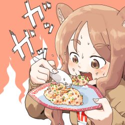 Rule 34 | 1girl, animal ear fluff, animal ears, bear ears, brown background, brown eyes, brown hair, brown jacket, commentary request, eating, food, food on face, fried rice, holding, holding plate, holding spoon, hyon (hyon noyh), jacket, long hair, long sleeves, looking away, open mouth, original, parted bangs, plate, shirt, short eyebrows, sleeves past wrists, solo, spoon, sweat, thick eyebrows, translation request, two-tone background, upper body, white background, white shirt
