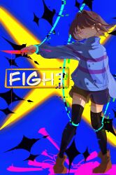 Rule 34 | 1other, :|, absurdres, androgynous, black shorts, black thighhighs, blue background, blue sweater, brown footwear, brown hair, child, chinese commentary, closed mouth, commentary request, expressionless, facing viewer, frisk (undertale), full body, gameplay mechanics, glitch, hair intakes, highres, holding, holding knife, knife, long sleeves, other focus, outstretched arm, shoes, short hair, shorts, solo, standing, sweater, tearing up, tears, thighhighs, turtleneck, turtleneck sweater, undertale, vent6885