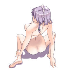 Rule 34 | 1girl, ass, barefoot, braid, breasts, faceless, faceless female, feet, female focus, from above, full body, hair over eyes, hands on feet, izayoi sakuya, light purple hair, looking away, maid headdress, medium breasts, meile, nude, short hair, silver hair, simple background, sitting, solo, touhou, twin braids, wariza, white background