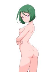Rule 34 | 1girl, ass, blunt bangs, bob cut, breasts, completely nude, cowboy shot, crossed arms, female focus, from behind, highres, kiratto pri chan, looking at viewer, looking back, midorikawa sara, nipples, nude, pretty series, purple eyes, short hair, simple background, small breasts, smile, solo, standing, transparent background, yonekura hisaki