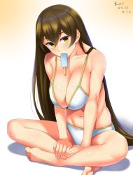 Rule 34 | 1girl, alternate costume, barefoot, bikini, blush, breasts, brown eyes, brown hair, cleavage, dated, fate/grand order, fate (series), feet, food, highres, indian style, large breasts, long hair, looking at viewer, mattari yufi, popsicle, signature, sitting, solo, swimsuit, xuangzang sanzang (fate)
