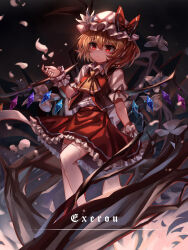 Rule 34 | 1girl, absurdres, blonde hair, closed mouth, crystal, flandre scarlet, frilled skirt, frills, gradient background, hat, hat ribbon, highres, mob cap, one side up, red eyes, red ribbon, red skirt, red vest, ribbon, shirt, short sleeves, signature, skirt, solo, thighhighs, top-exerou, touhou, vest, white hat, white shirt, white thighhighs, wings, wrist cuffs