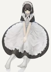 Rule 34 | 1girl, absurdres, apron, bad id, bad pixiv id, black dress, black eyes, black hair, collared dress, commentary request, dress, frilled apron, frills, full body, grey background, highres, maid, maid apron, maid headdress, original, pantyhose, puffy short sleeves, puffy sleeves, shii (kairi-t-k0317), short sleeves, simple background, sitting, solo, white apron, white pantyhose