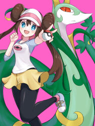 Rule 34 | 1girl, :d, aqua eyes, black pantyhose, bright pupils, brown hair, clenched hand, commentary request, creatures (company), double bun, doughnut hair bun, game freak, gen 5 pokemon, hair bun, highres, holding, holding poke ball, leg up, looking at viewer, nintendo, open mouth, outstretched arm, pantyhose, pantyhose under shorts, pink background, poke ball, poke ball (basic), pokemon, pokemon (creature), pokemon bw2, raglan sleeves, rosa (pokemon), serperior, short shorts, shorts, simple background, smile, twintails, ume maru (spi art), visor cap, white pupils, yellow shorts