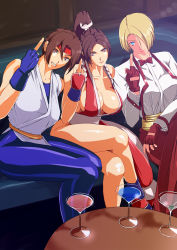 Rule 34 | 3girls, alcohol, arm guards, bar (place), bare shoulders, blonde hair, blue eyes, blue pants, braid, breasts, brown eyes, brown hair, cleavage, clenched teeth, closed mouth, couch, crossed legs, cup, drinking glass, fatal fury, fingerless gloves, gloves, hair between eyes, hair tie, headband, high ponytail, highres, iehay, jacket, king (snk), large breasts, legs, middle finger, multiple girls, ninja, pants, pelvic curtain, ponytail, red neckwear, red pants, revealing clothes, shiny skin, shiranui mai, shirt, sidelocks, sitting, smile, snk, spandex, table, teeth, the king of fighters, thighs, white jacket, white shirt, wine glass, yuri sakazaki