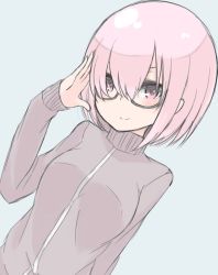 Rule 34 | 1girl, alternate costume, blue background, blush, breasts, closed mouth, commentary request, dutch angle, fate/grand order, fate (series), glasses, grey-framed eyewear, hair between eyes, hand up, head tilt, jacket, long sleeves, looking at viewer, malice stella, mash kyrielight, medium breasts, pink eyes, pink hair, purple jacket, salute, short hair, simple background, smile, solo, standing, track jacket