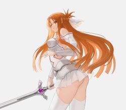 Rule 34 | 1girl, absurdres, armor, ass, asuna (sao), bare shoulders, braid, breastplate, breasts, closed mouth, egk513, faulds, from side, grey background, hair ornament, highres, holding, holding sword, holding weapon, leaning forward, long hair, looking at viewer, looking to the side, medium breasts, miniskirt, no panties, orange eyes, orange hair, simple background, skirt, solo, straight hair, sword, sword art online, thighhighs, thighs, upskirt, vambraces, very long hair, weapon, white background, white skirt, white thighhighs