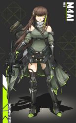 Rule 34 | 1girl, assault rifle, breasts, brown hair, character name, clip studio paint (medium), clothes around waist, commentary, copyright name, determined, dress, english commentary, full body, girls&#039; frontline, gloves, green shirt, green sweater, grey background, gun, high heels, highres, jacket, jacket around waist, long hair, looking at viewer, m4 carbine, m4a1 (girls&#039; frontline), m4a1 (mod3) (girls&#039; frontline), medium breasts, mod3 (girls&#039; frontline), mosaic background, multicolored hair, rifle, scarf, shirt, signature, solo, strapless, strapless dress, sweater, two-tone hair, underbust, warfakaid, weapon, yellow eyes