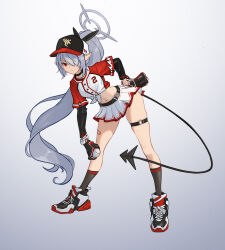 Rule 34 | 1girl, absurdres, alternate costume, alternate hairstyle, ball, baseball, baseball cap, baseball glove, baseball uniform, belt, bent over, black footwear, black gloves, black socks, black tail, blue archive, concept art, crop top, dark-skinned female, dark skin, demon tail, full body, gloves, grey hair, halo, hand on own ass, hat, highres, holding, holding ball, iori (blue archive), kneehighs, layered sleeves, long hair, long sleeves, looking at viewer, midriff, minhbui131, parted lips, shirt, short over long sleeves, short sleeves, skirt, socks, sportswear, tail, tied shirt, two-tone shirt, two-tone skirt