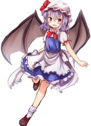 Rule 34 | 1girl, alternate costume, apron, baram, bat wings, blue skirt, blush stickers, brown footwear, commentary request, enmaided, full body, hat, hat ribbon, light purple hair, looking at viewer, maid, miniskirt, mob cap, red eyes, red ribbon, remilia scarlet, ribbon, shoes, simple background, sketch, skirt, skirt set, socks, solo, standing, standing on one leg, touhou, waist apron, white background, white socks, wings
