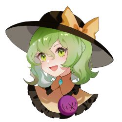 Rule 34 | 1girl, absurdres, black hat, bow, chinese commentary, collared shirt, commentary request, frilled shirt collar, frills, green eyes, green hair, hair between eyes, hat, hat bow, highres, komeiji koishi, medium hair, miamante77, open mouth, portrait, shirt, simple background, smile, solo, touhou, wavy hair, white background, yellow hat, yellow shirt
