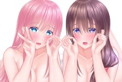 Rule 34 | 2girls, bad id, bad pixiv id, blue eyes, blush, breasts, brown hair, cleavage, commentary request, hair over eyes, highres, large breasts, lino (lilyparty07), long hair, looking at viewer, multiple girls, nude, open mouth, original, pink hair, pink scrunchie, scrunchie, simple background, smile, v, white background, yuri